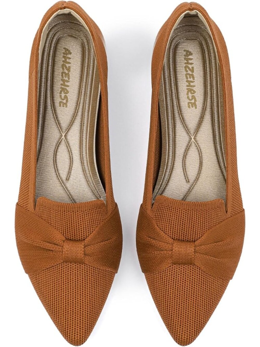 Women's Brown Pointed Toe Ballet Flats Comfortable Knit Dressy Bow Flats Shoes